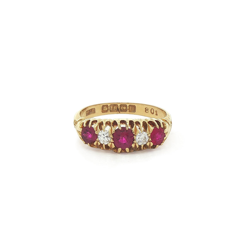 Antique Ruby & Natural Diamond Caved Five Stone Dress Ring In 18ct Yellow Gold