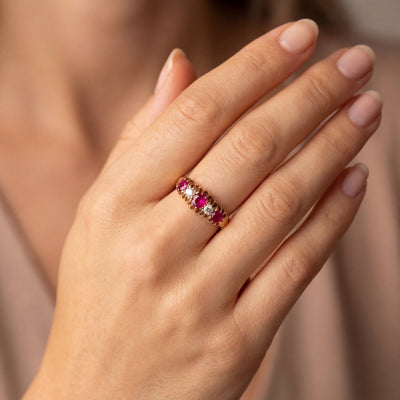 Antique Ruby & Natural Diamond Caved Five Stone Dress Ring In 18ct Yellow Gold