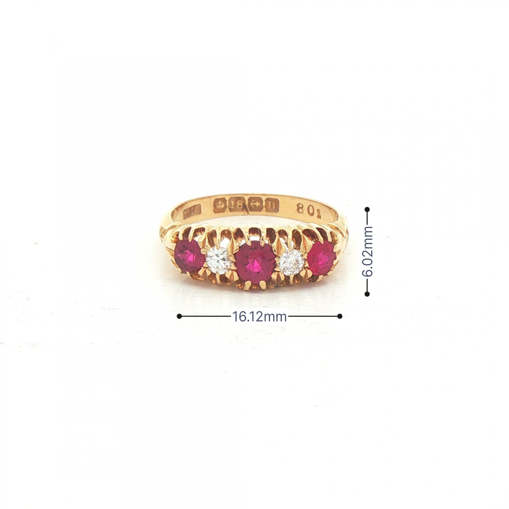 Antique Ruby & Natural Diamond Caved Five Stone Dress Ring In 18ct Yellow Gold