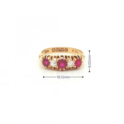 Antique Ruby & Natural Diamond Caved Five Stone Dress Ring In 18ct Yellow Gold