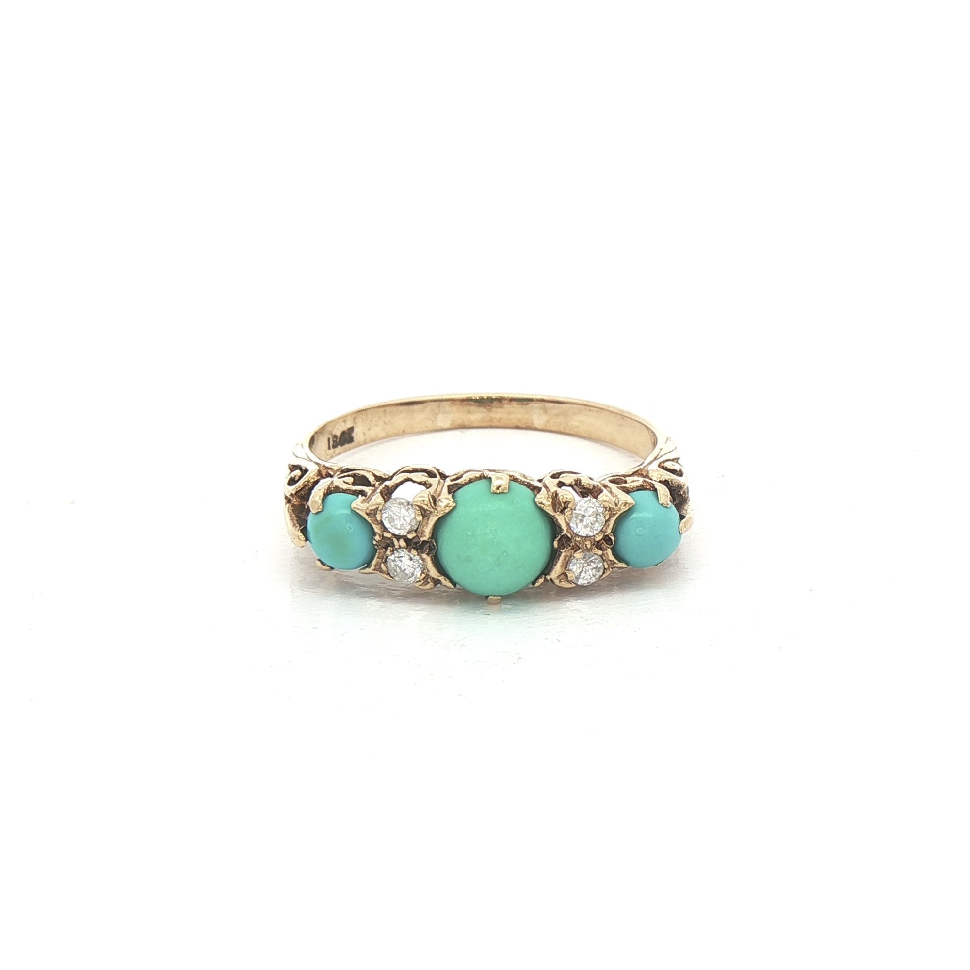 Antique Three Stone Turquise & Natural Diamond Ring in 18ct Yellow Gold