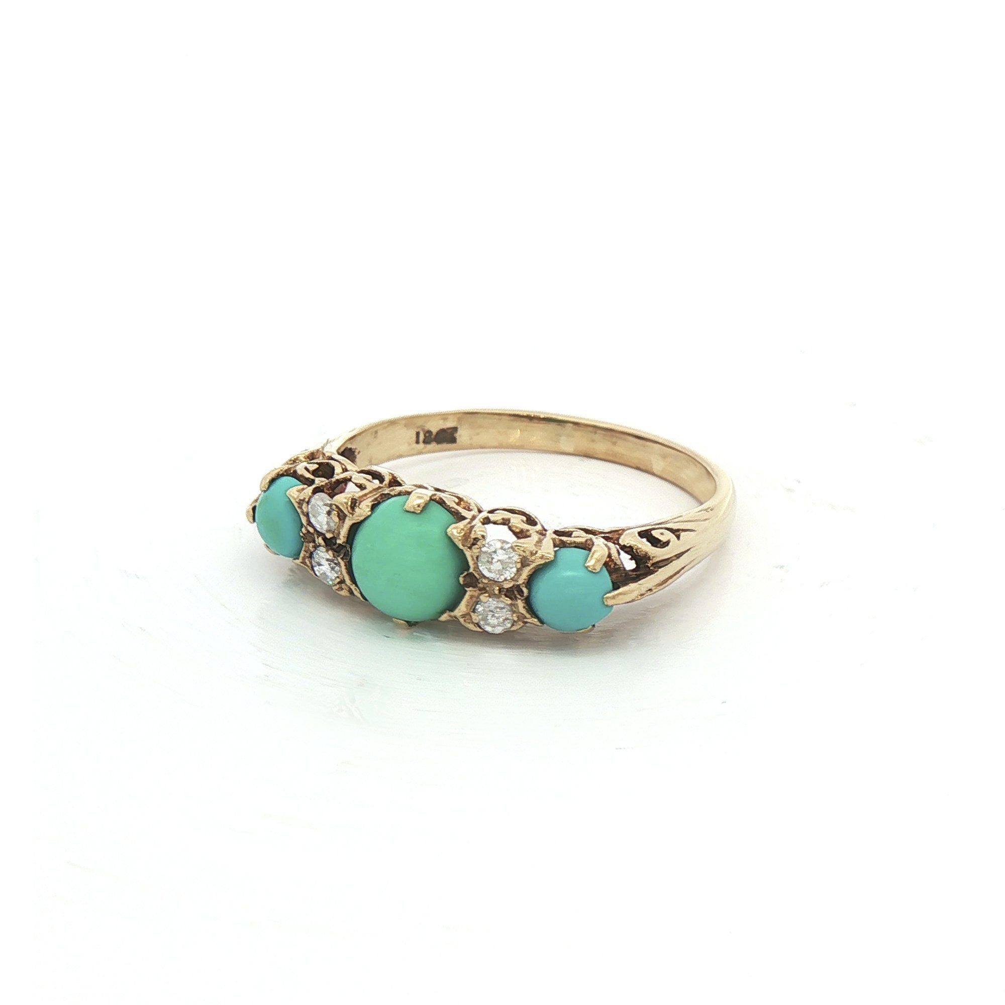 Antique Three Stone Turquise & Natural Diamond Ring in 18ct Yellow Gold