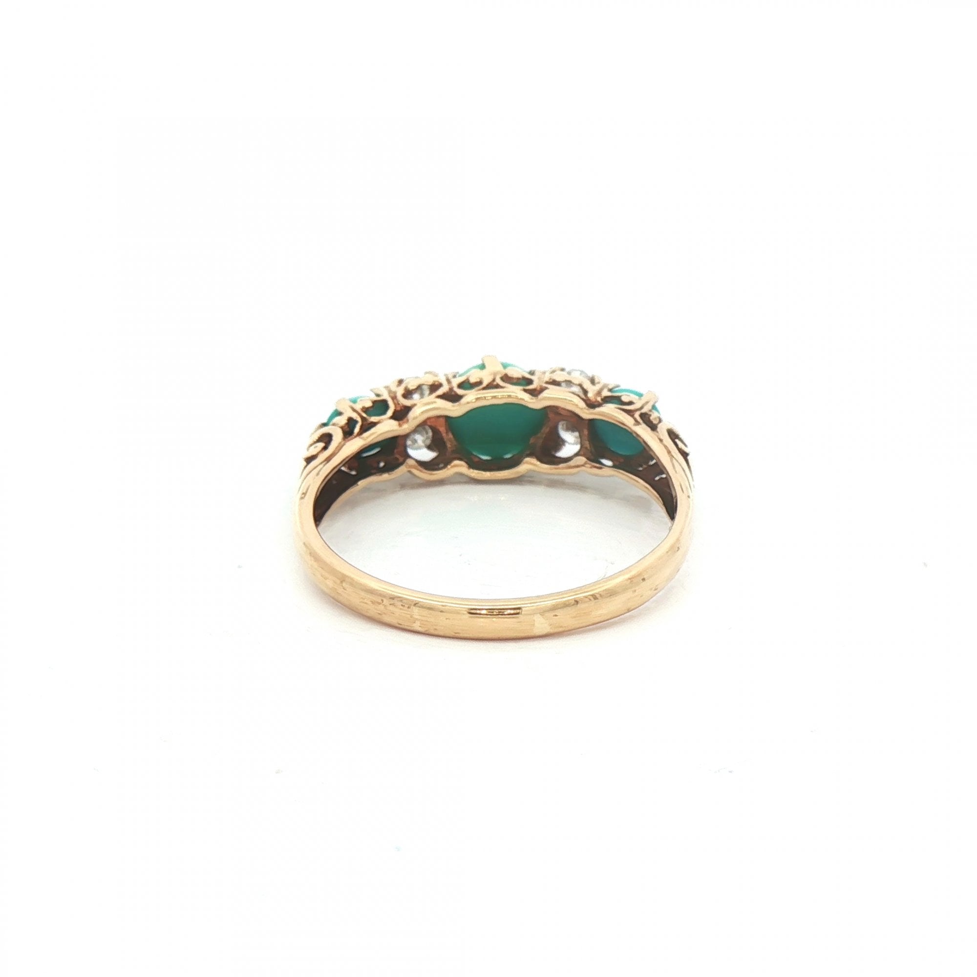 Antique Three Stone Turquise & Natural Diamond Ring in 18ct Yellow Gold