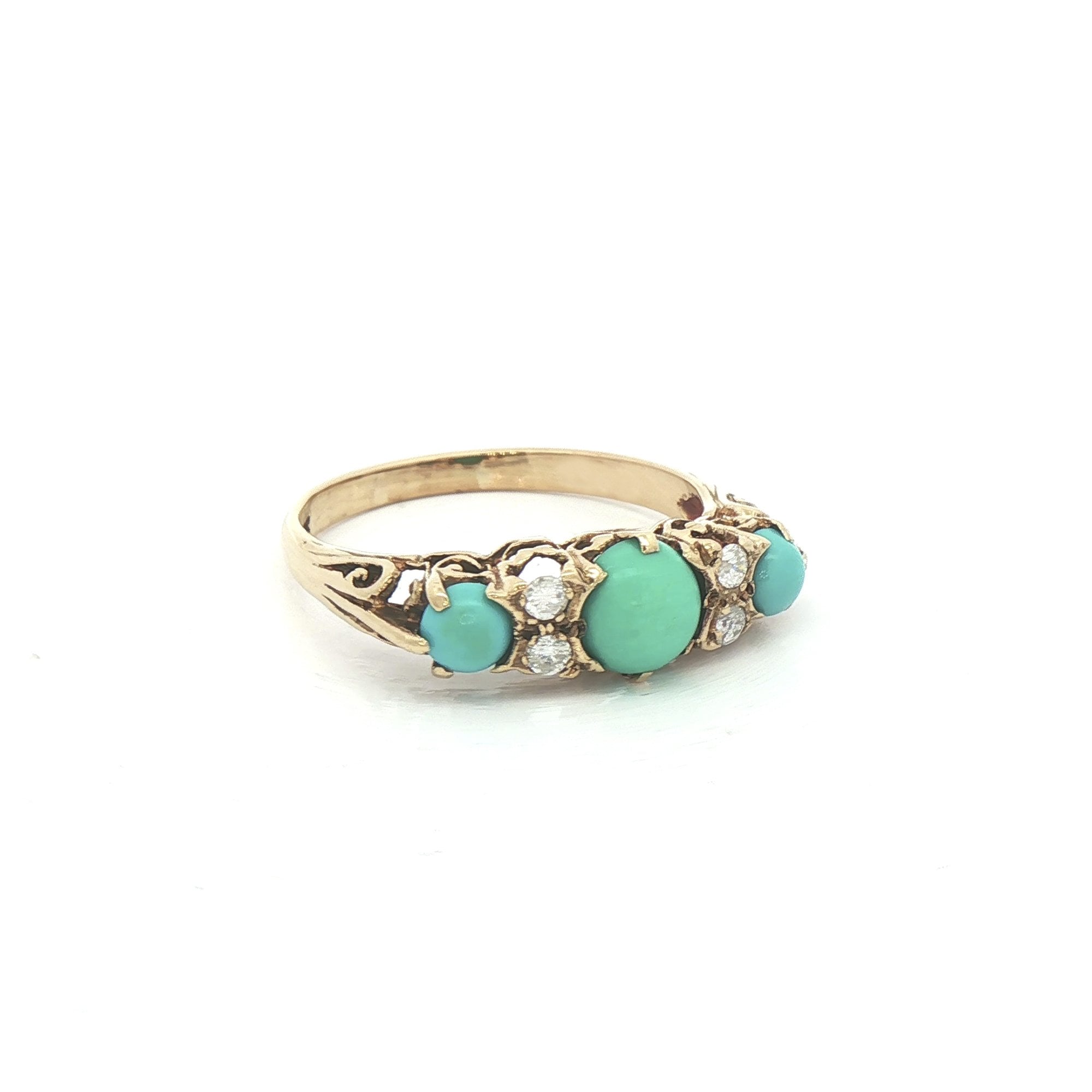 Antique Three Stone Turquise & Natural Diamond Ring in 18ct Yellow Gold