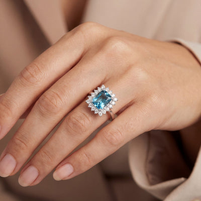 Aquamarine 2.62ct & Natural Diamond 0.72ct Rectangle Halo Ring in 18ct White Gold
