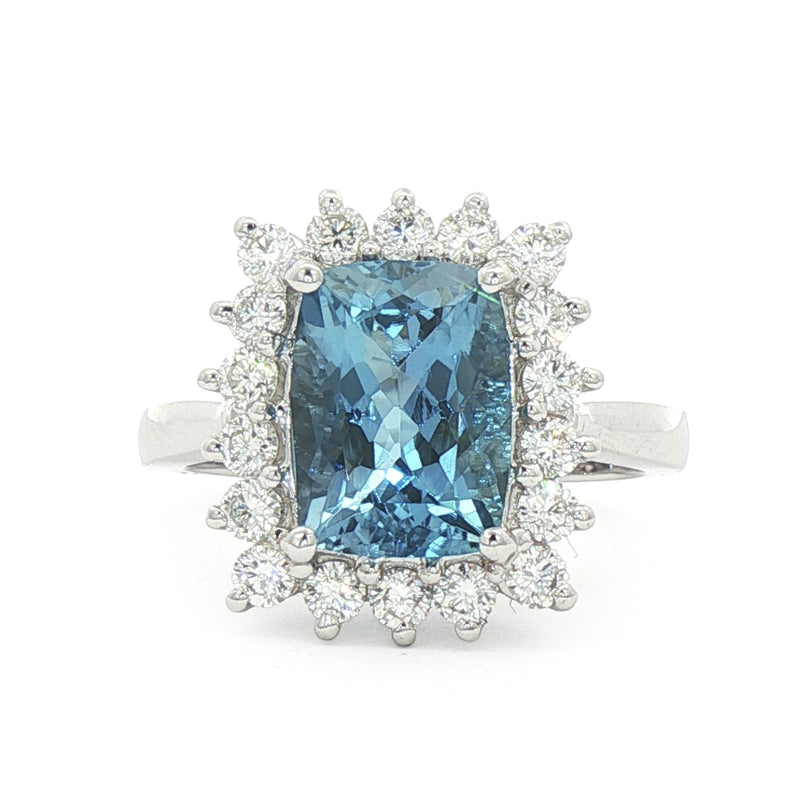 Aquamarine 2.62ct & Natural Diamond 0.72ct Rectangle Halo Ring in 18ct White Gold