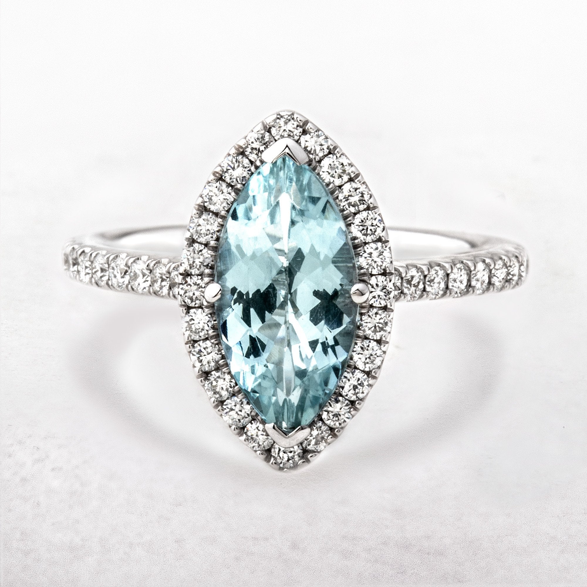 Aquamarine and Diamond Marquise Cut Dress Ring in 18ct White Gold