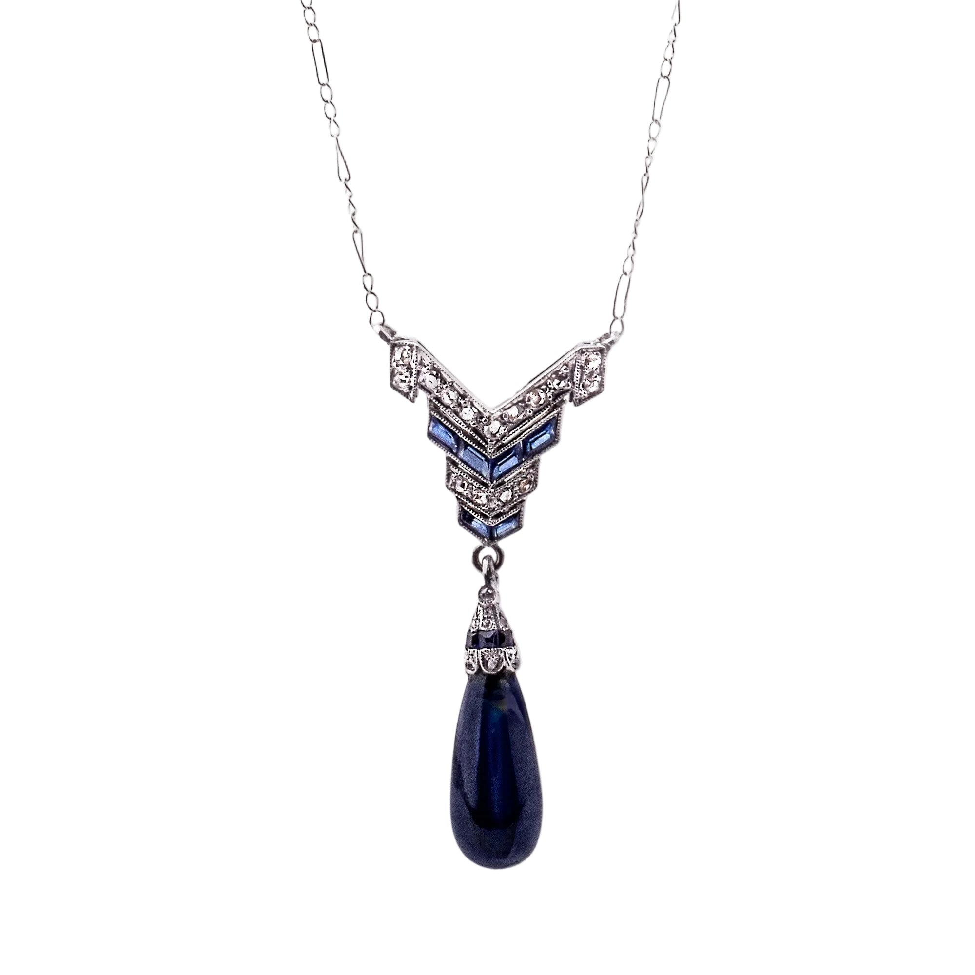 Art Deco Sapphire and Natural Diamond Antique Pendant in 18ct White Gold