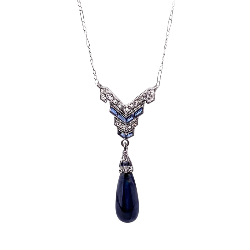 Art Deco Sapphire and Natural Diamond Antique Pendant in 18ct White Gold