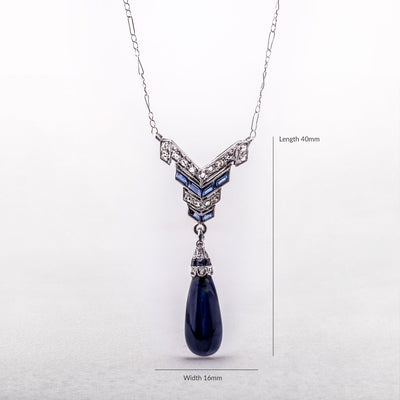 Art Deco Sapphire and Natural Diamond Antique Pendant in 18ct White Gold