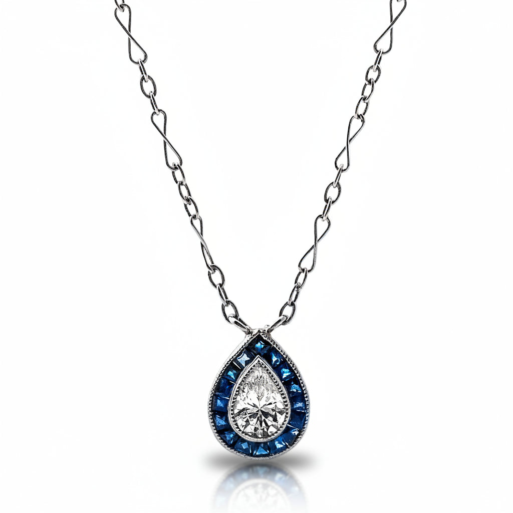 Art Deco Style 0.48ct Approx Pear Natural Diamond & Sapphire Halo Pendant in Platinum