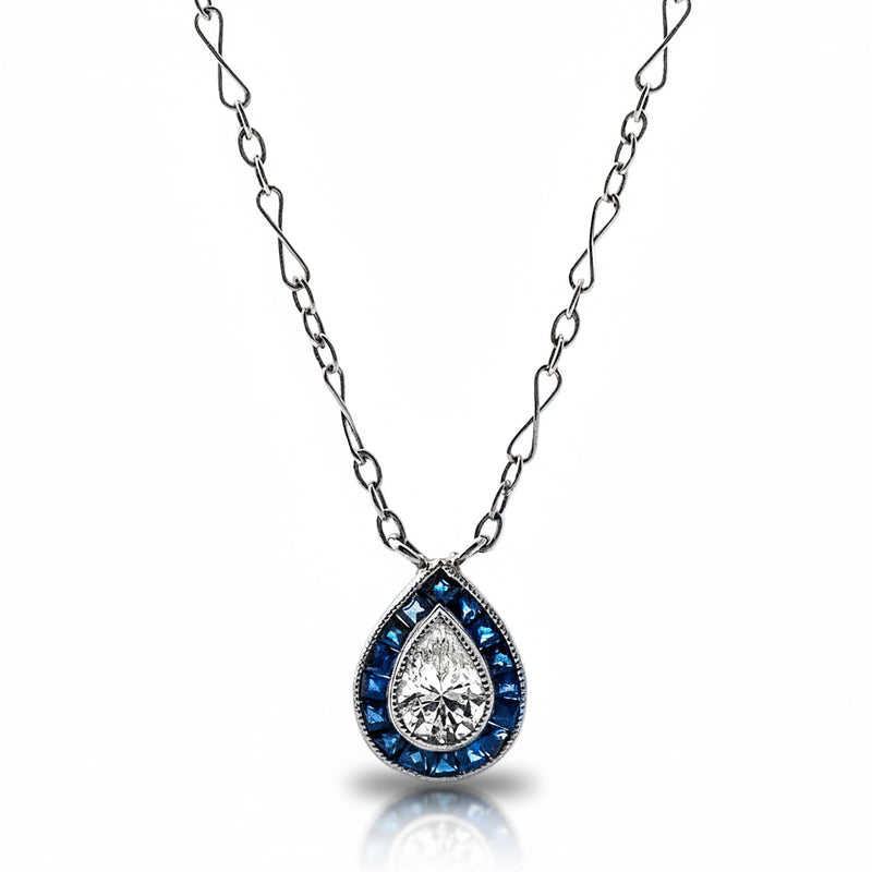 Art Deco Style 0.48ct Approx Pear Natural Diamond & Sapphire Halo Pendant in Platinum
