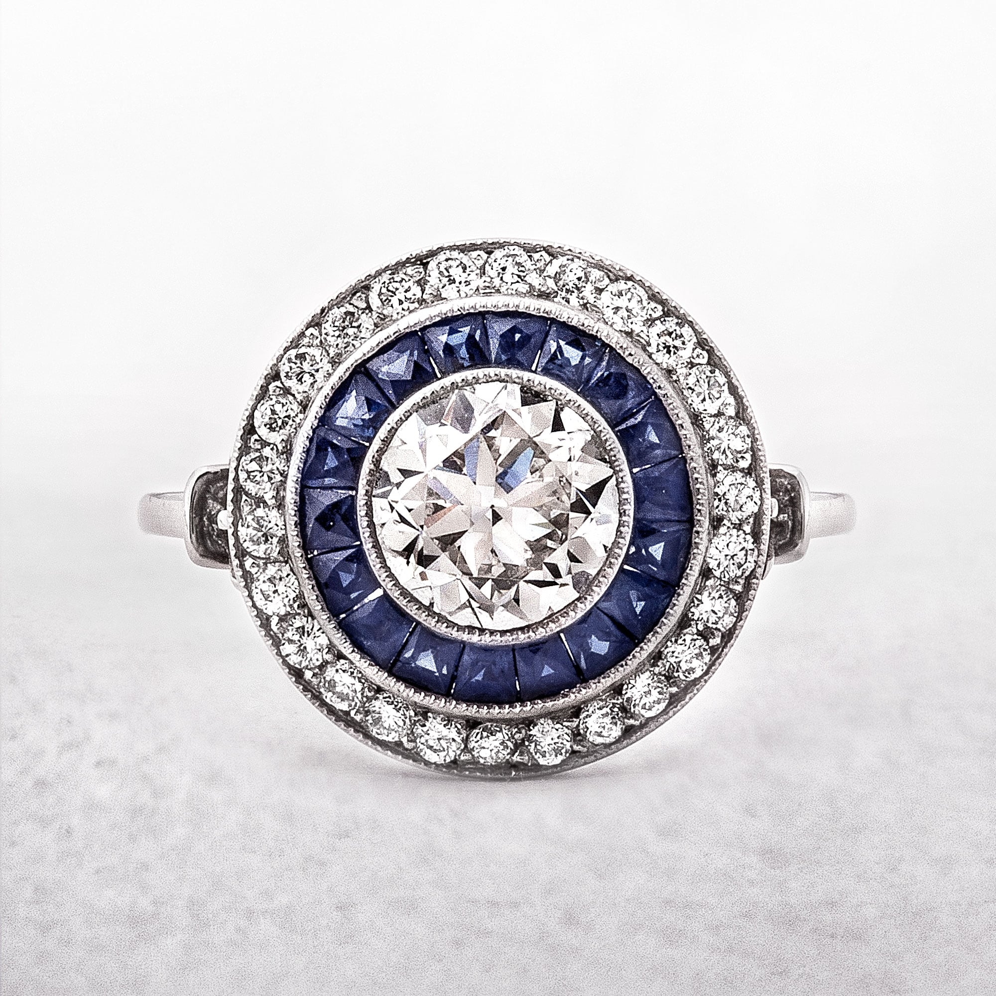 Art Deco Style Sapphire and Diamond Platinum Target Ring