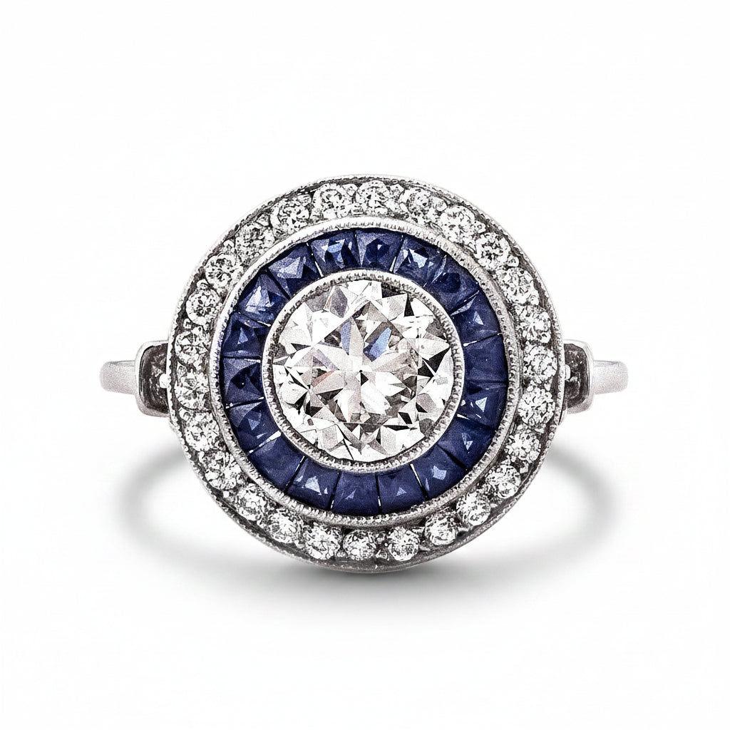 Art Deco Style Sapphire and Diamond Platinum Target Ring