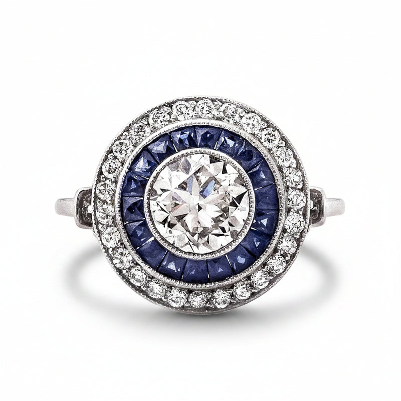 Art Deco Style Sapphire and Diamond Platinum Target Ring