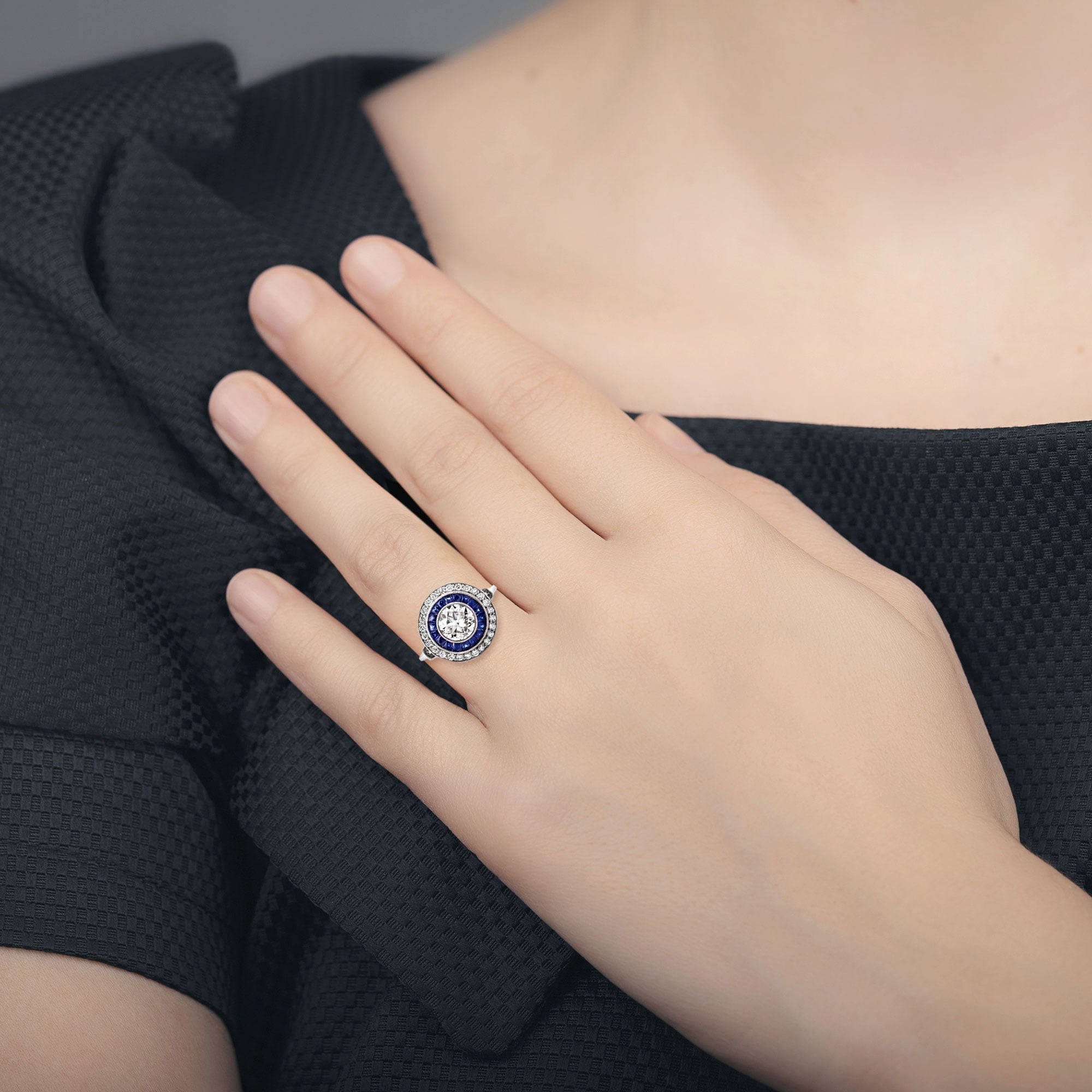 Art Deco Style Sapphire and Diamond Platinum Target Ring
