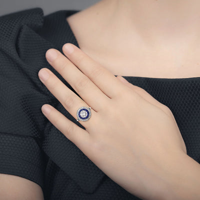Art Deco Style Sapphire and Diamond Platinum Target Ring