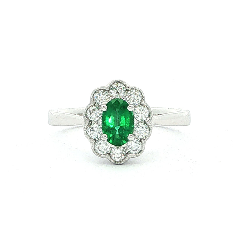 0.45ct Oval Emerald & 0.26ct Natural Diamond Cluster In 18ct White Gold