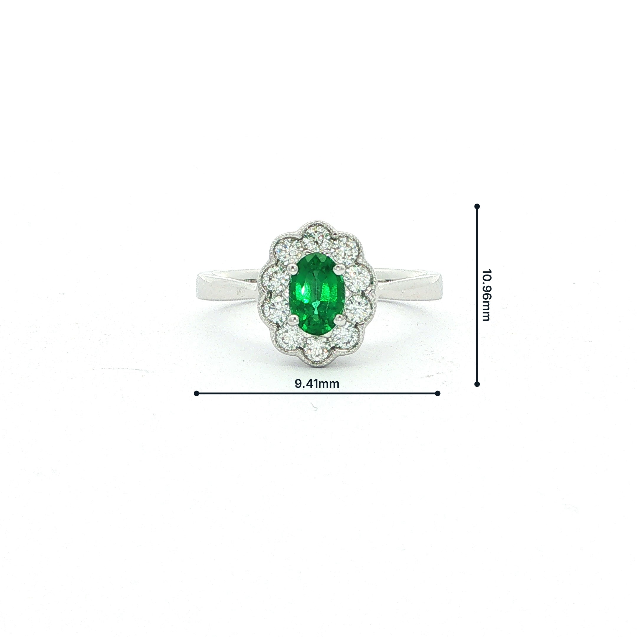 0.45ct Oval Emerald & 0.26ct Natural Diamond Cluster In 18ct White Gold