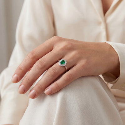 0.45ct Oval Emerald & 0.26ct Natural Diamond Cluster In 18ct White Gold