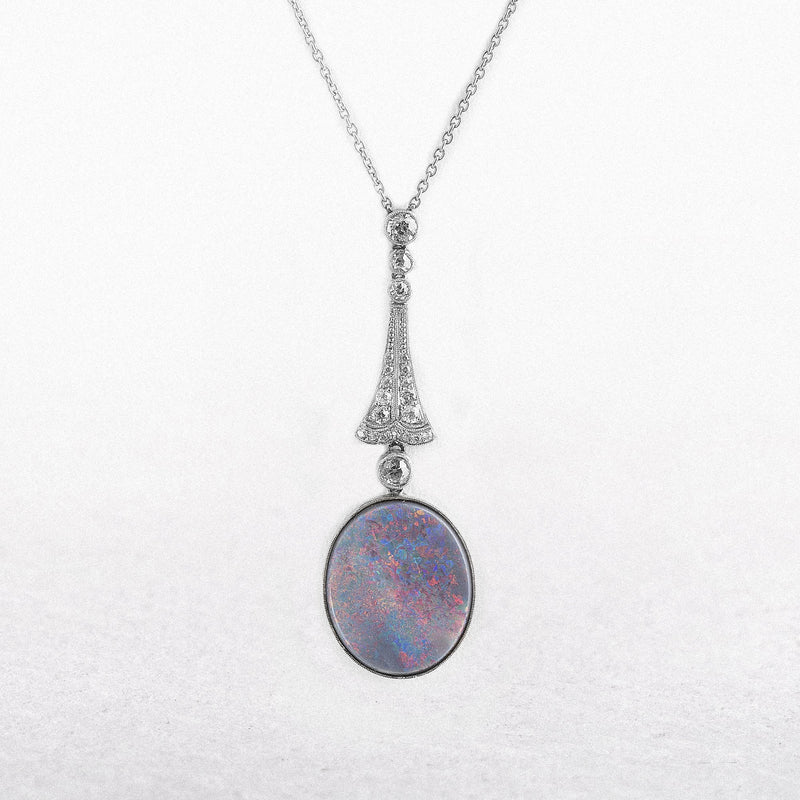 Black Oval Opal & Natural Diamond Drop Pendant in Platinum