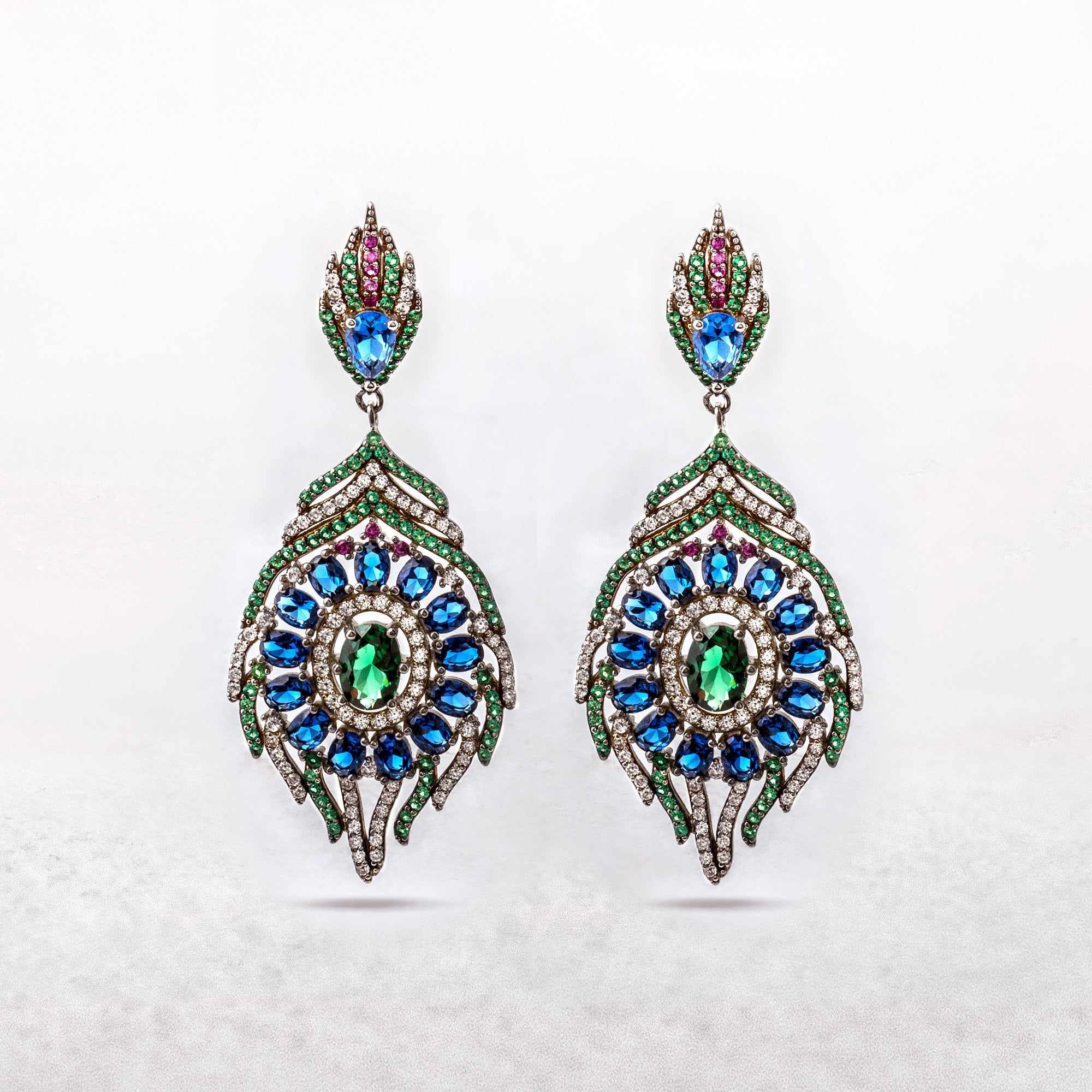Blue and Green Stone Statement Silver Earrings