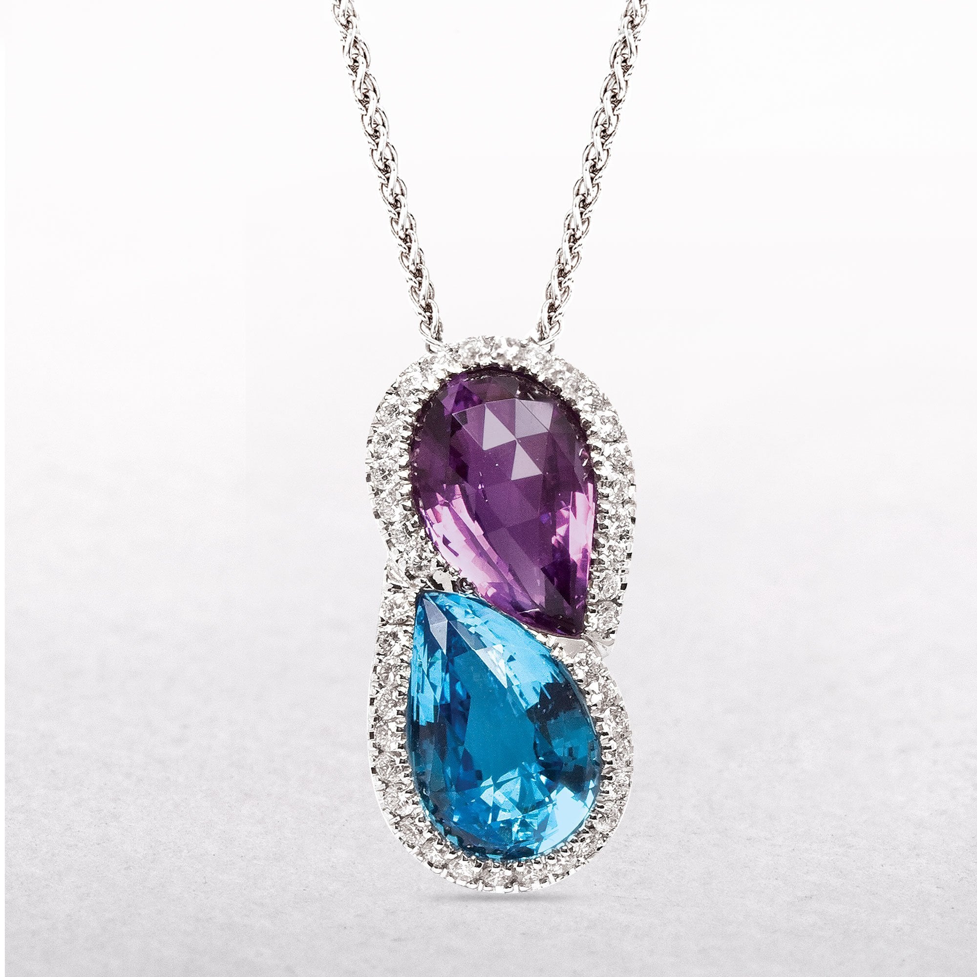 Blue Topaz & Amethyst Diamond Pendant in 18ct White Gold