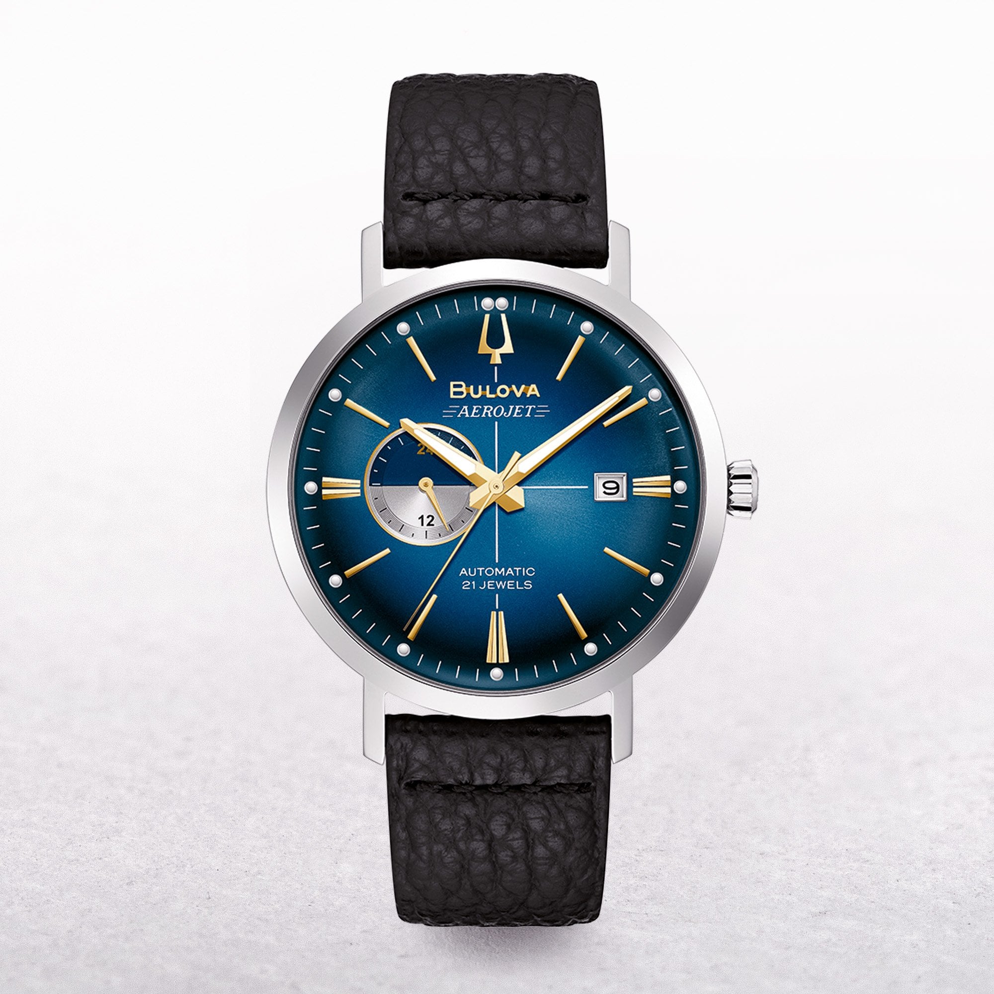 Bulova Gents Aerojet Watch with Blue Dial on Black Leather Strap