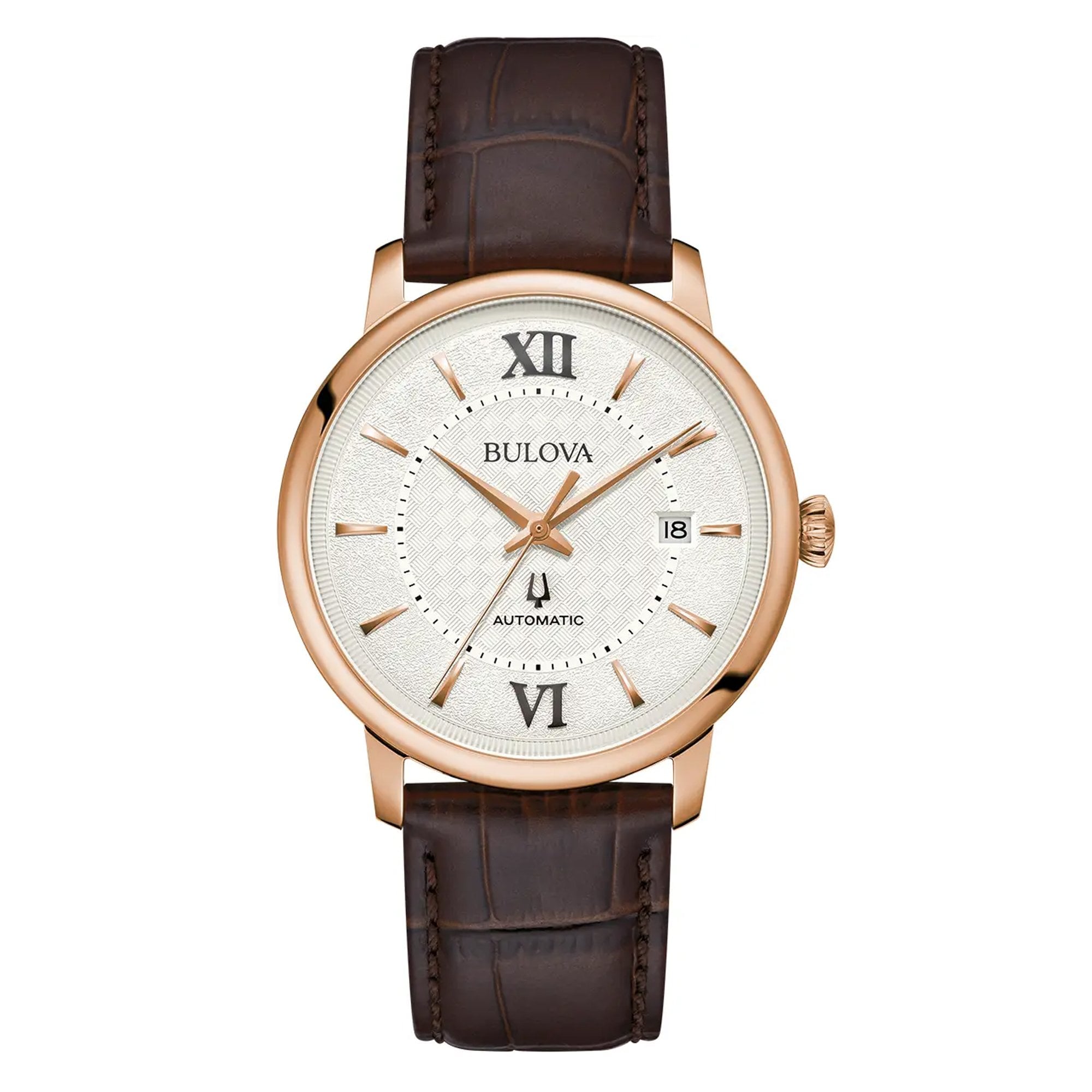 Bulova Gents Hudson Automatic Rose Gold Case with Silver Dial on Brown Strap