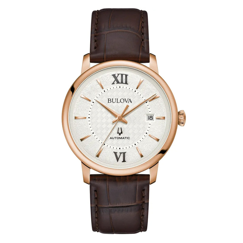Bulova Gents Hudson Automatic Rose Gold Case with Silver Dial on Brown Strap