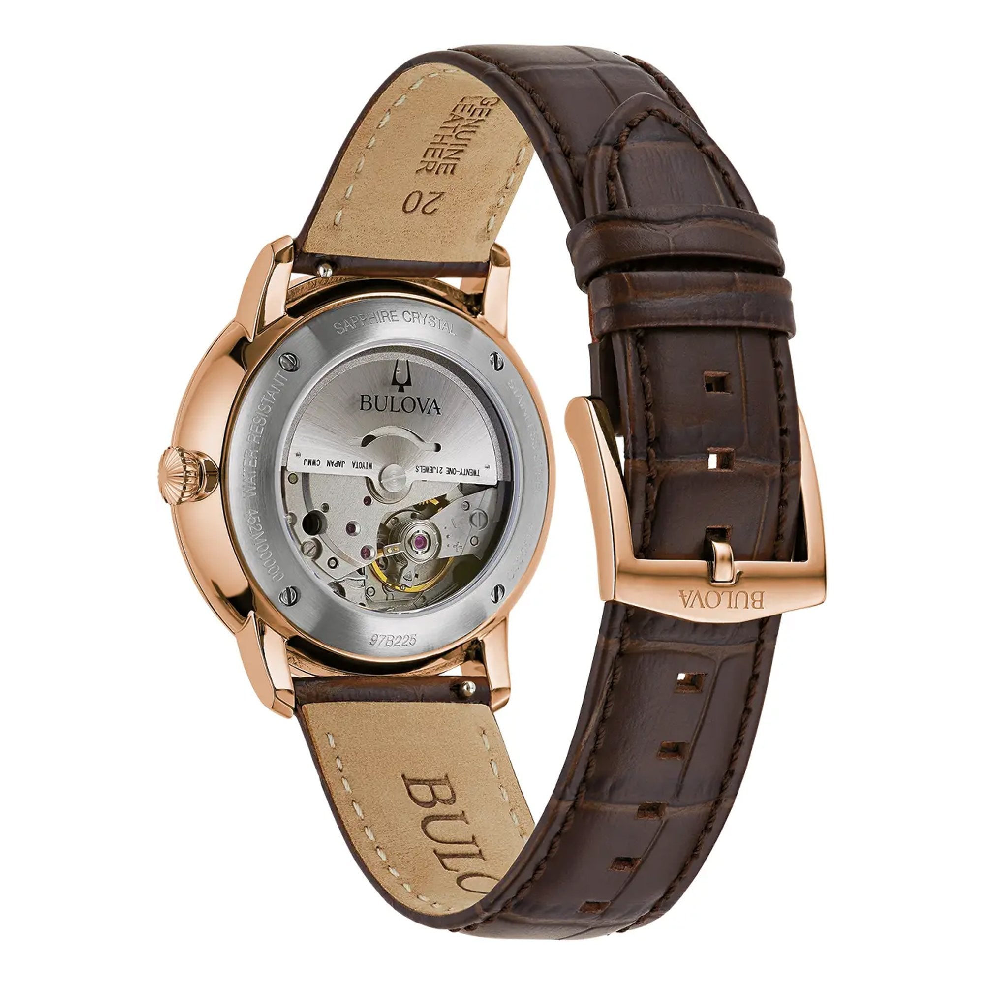 Bulova Gents Hudson Automatic Rose Gold Case with Silver Dial on Brown Strap