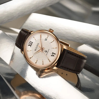 Bulova Gents Hudson Automatic Rose Gold Case with Silver Dial on Brown Strap