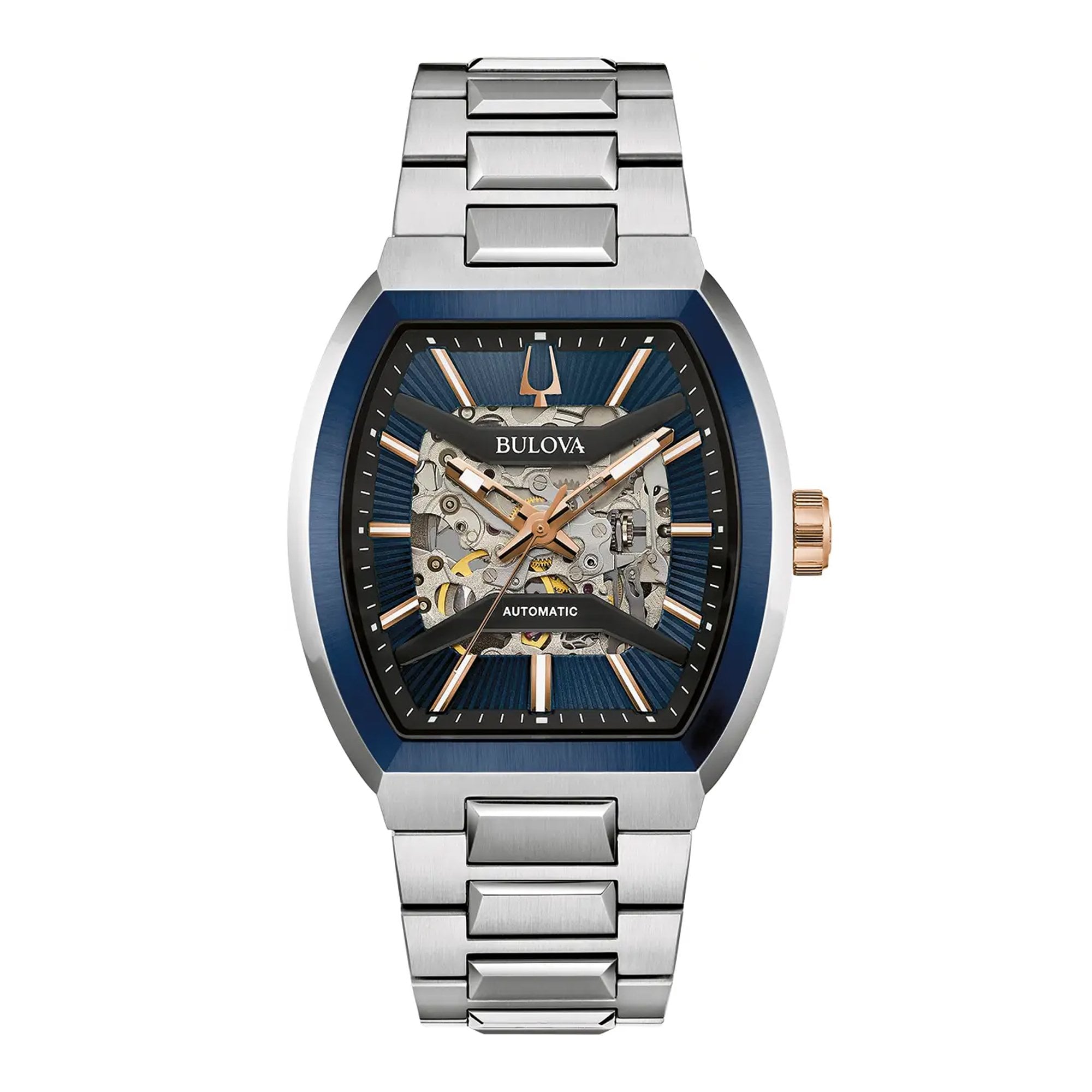 Bulova Gents Maquina Tonneau Automatic Blue Skeleton Dial on Stainless Steel Bracelet