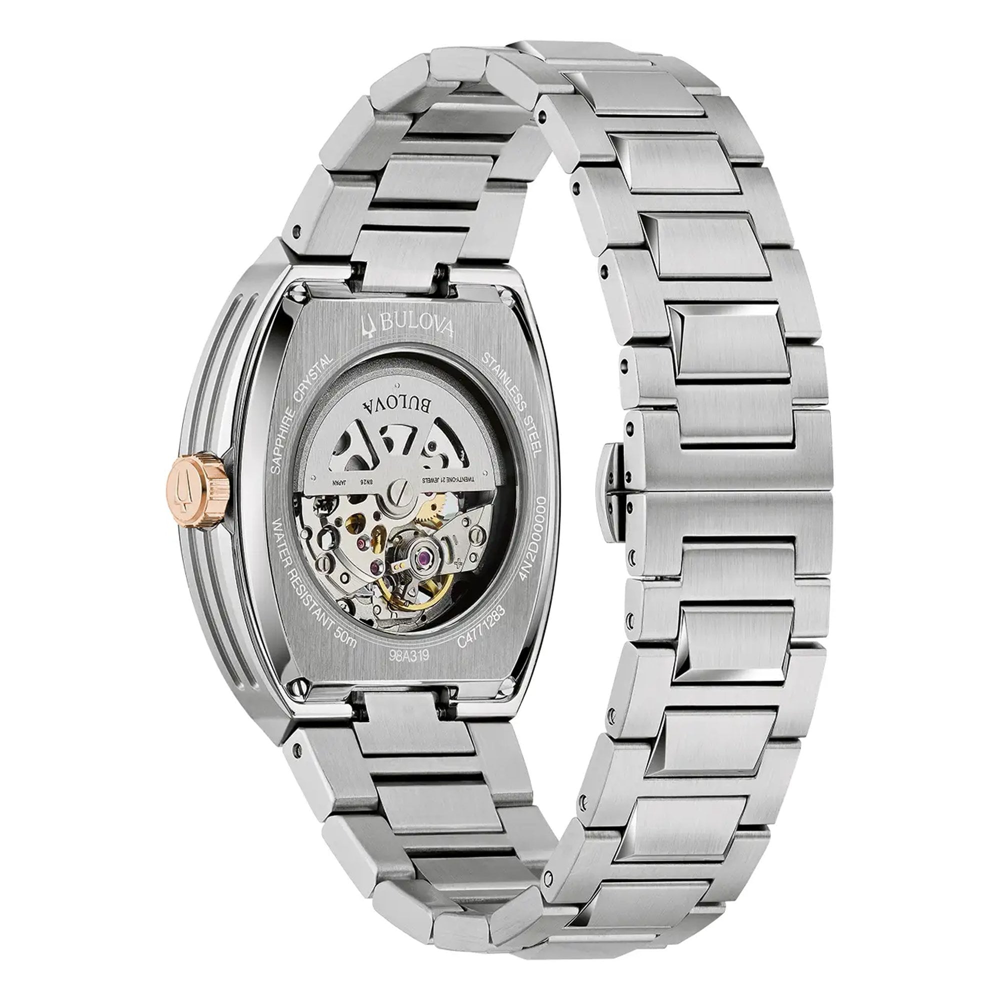 Bulova Gents Maquina Tonneau Automatic Blue Skeleton Dial on Stainless Steel Bracelet
