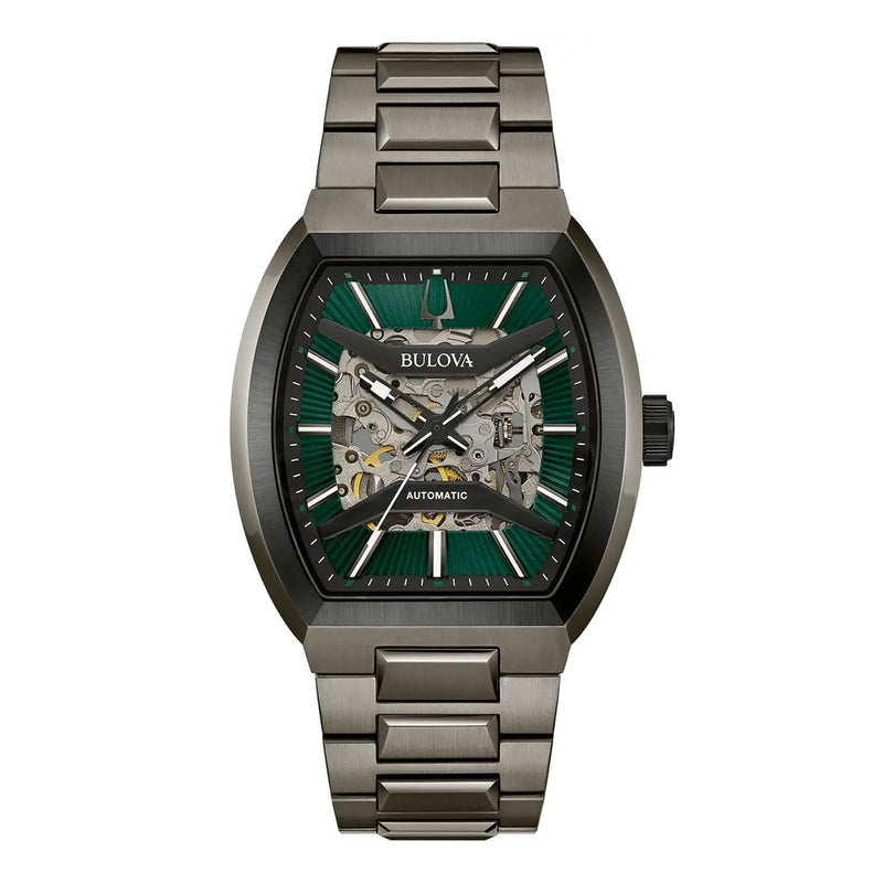 Bulova Gents Maquina Tonneau Automatic Green Skeleton Dial on Stainless Steel Bracelet