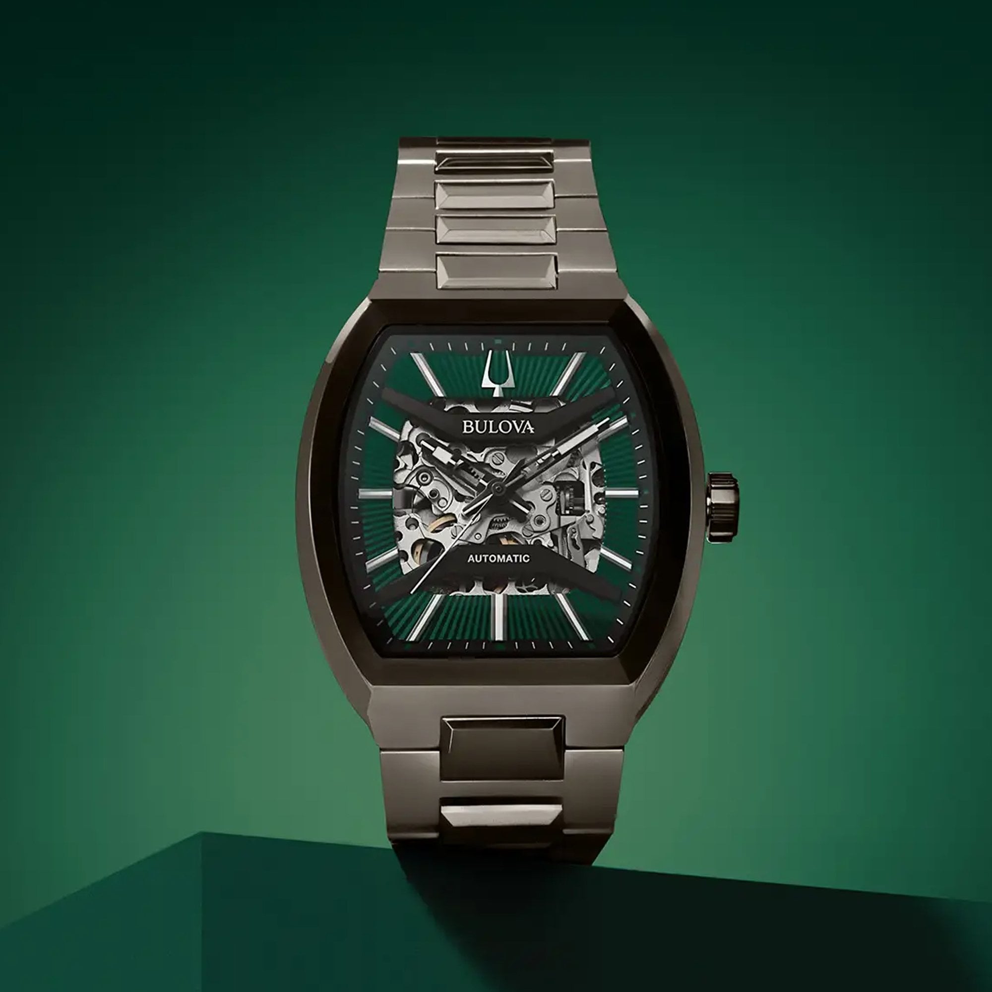 Bulova Gents Maquina Tonneau Automatic Green Skeleton Dial on Stainless Steel Bracelet