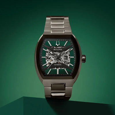 Bulova Gents Maquina Tonneau Automatic Green Skeleton Dial on Stainless Steel Bracelet