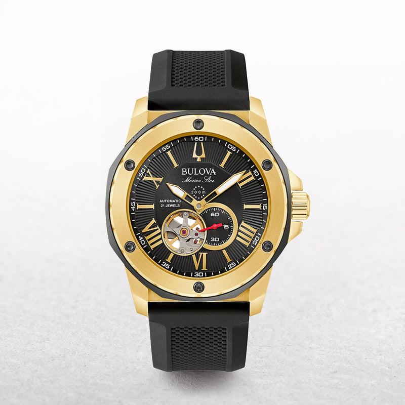 Bulova Gents Marine Star Automatic Watch with Black Dial on a Silicone Strap