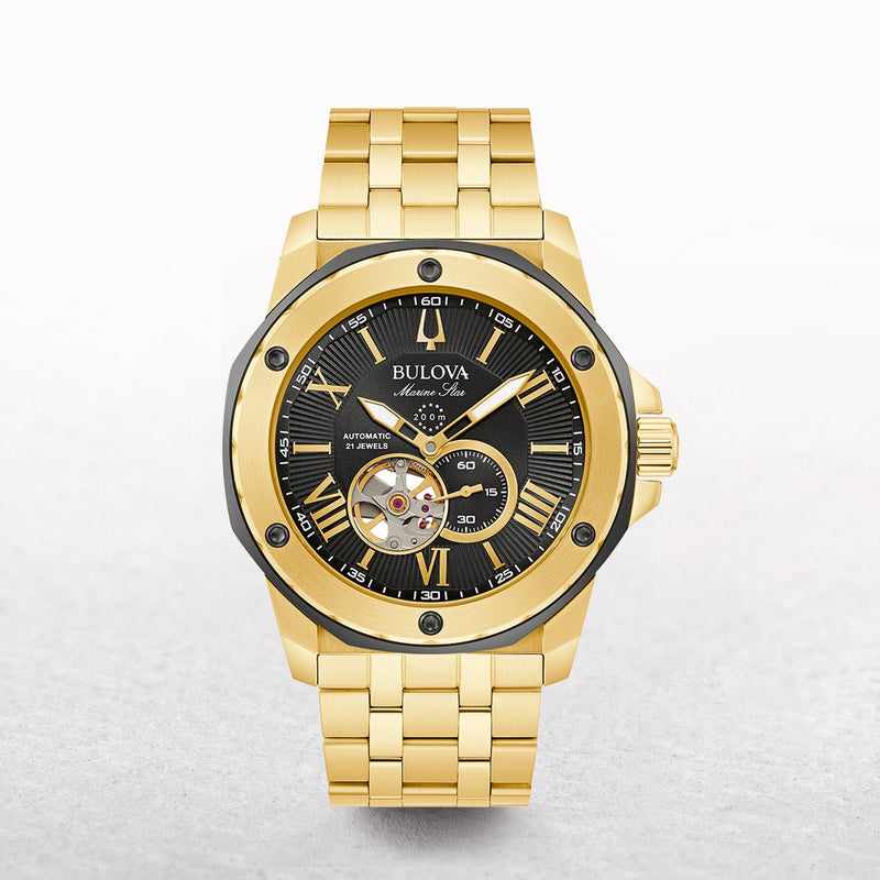 Bulova Gents Marine Star Automatic Watch with Black Dial on Stainless Steel Strap