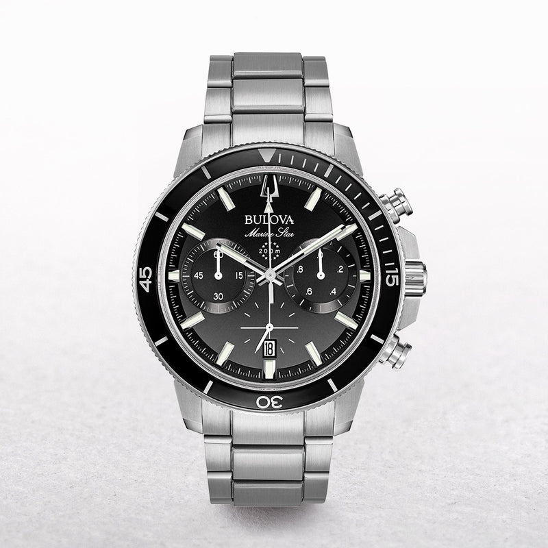 Bulova Gents Marine Star Choronograph Watch with Black Dial on a Stainless Steel Bracelet