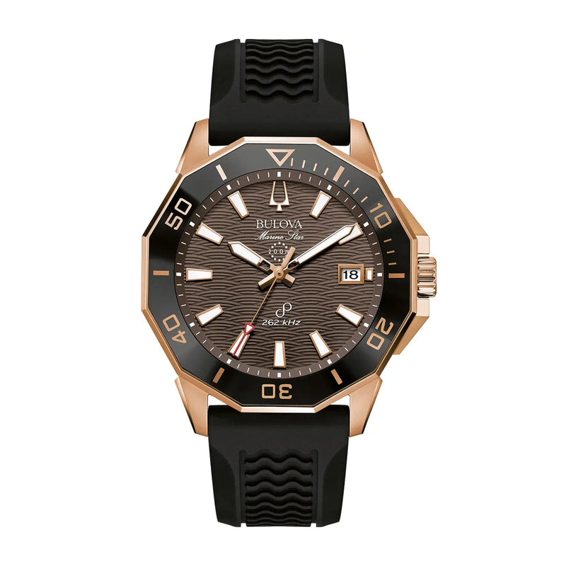Bulova Gents Marine Star Precisionist Rose Gold Brown Dial on Black Rubber Strap