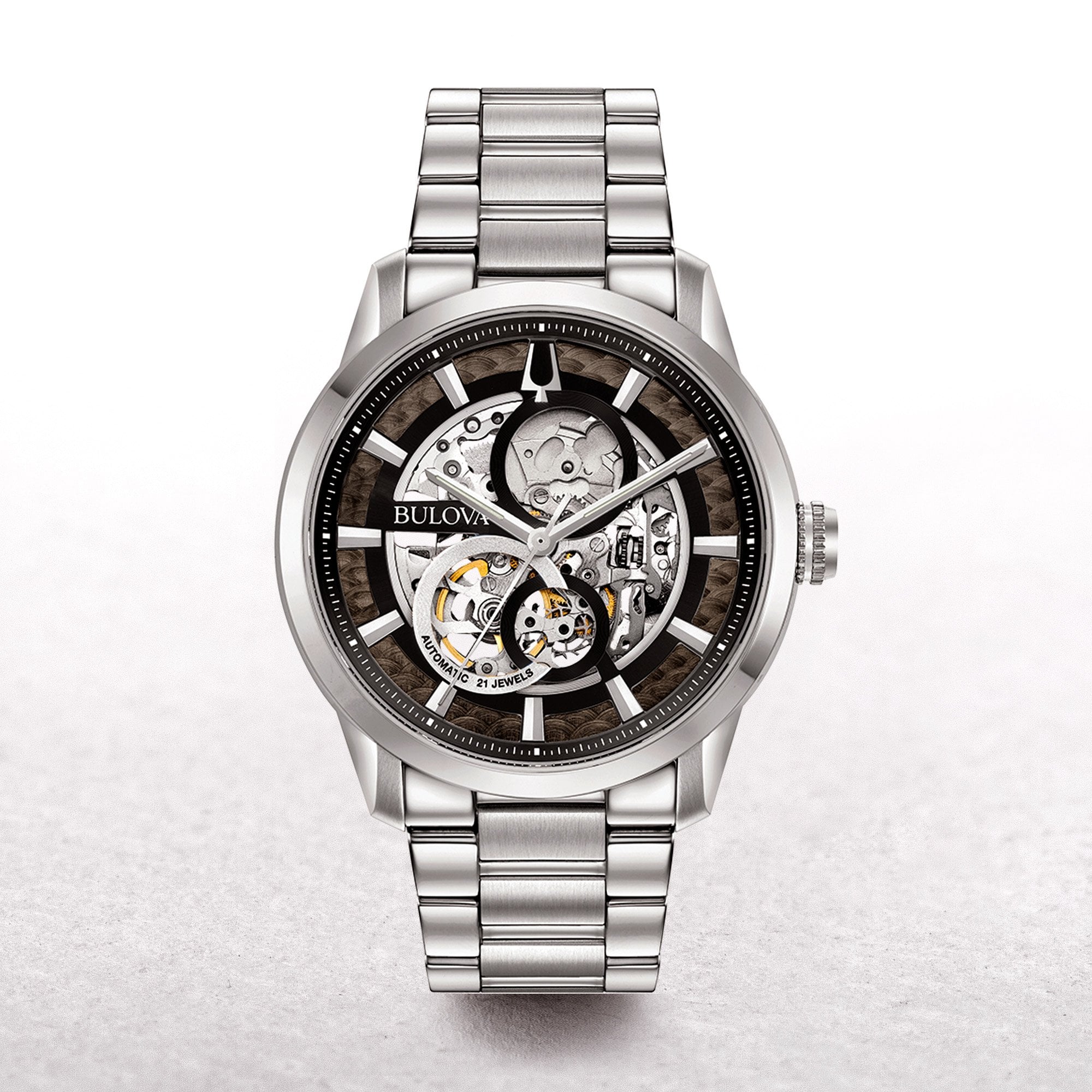 Bulova Gents Skeleton Automatic Black Dial Stainless Steel Bracelet