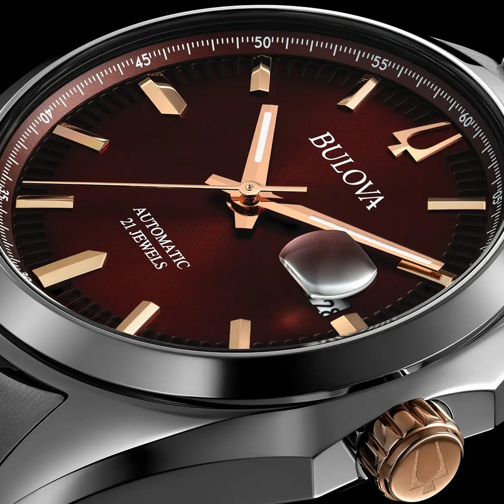 Bulova Gents Surveyor Automatic Red Twin Eye Dial on Stainless Steel Bracelet