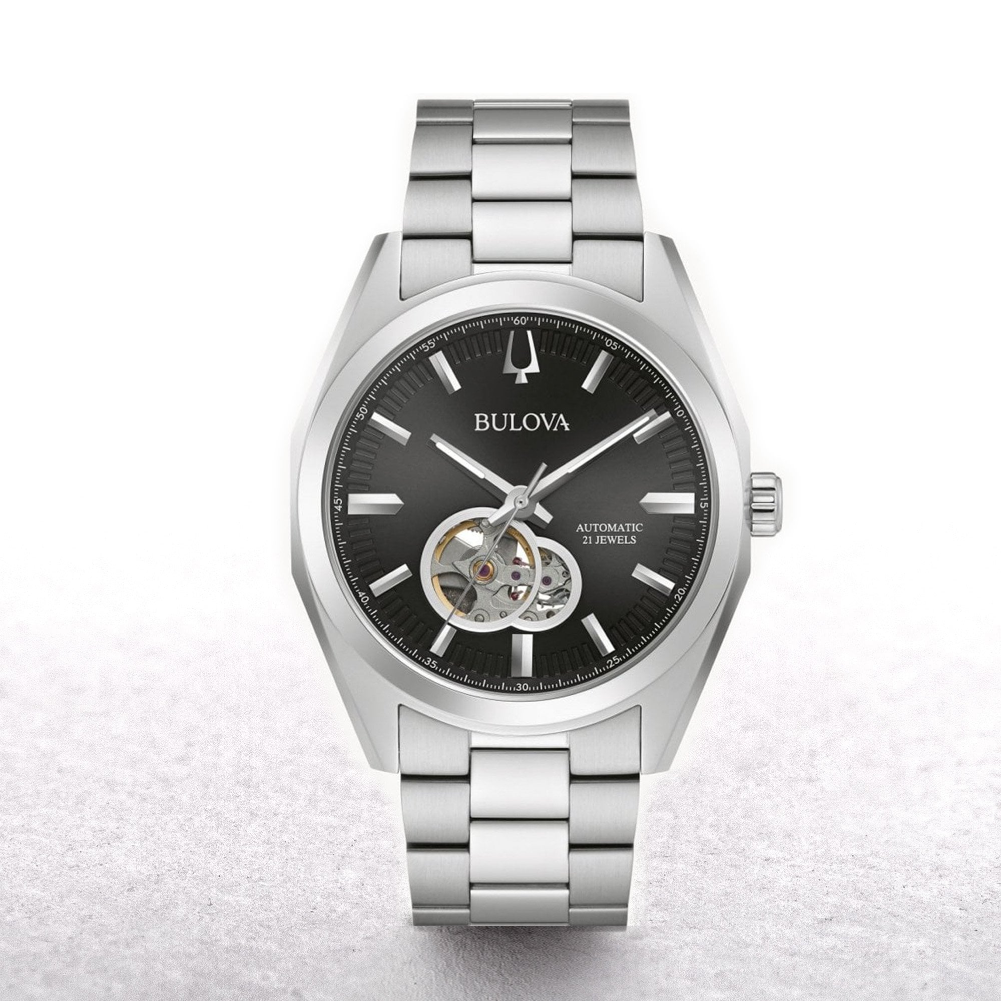 Bulova Gents Surveyor Automatic Watch with Black Dial on a Stainless Steel Bracelet