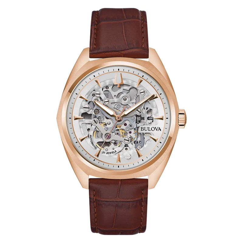 Bulova Gents Sutton Automatic Rose Gold Case Silver Skeleton Dial on Brown Strap