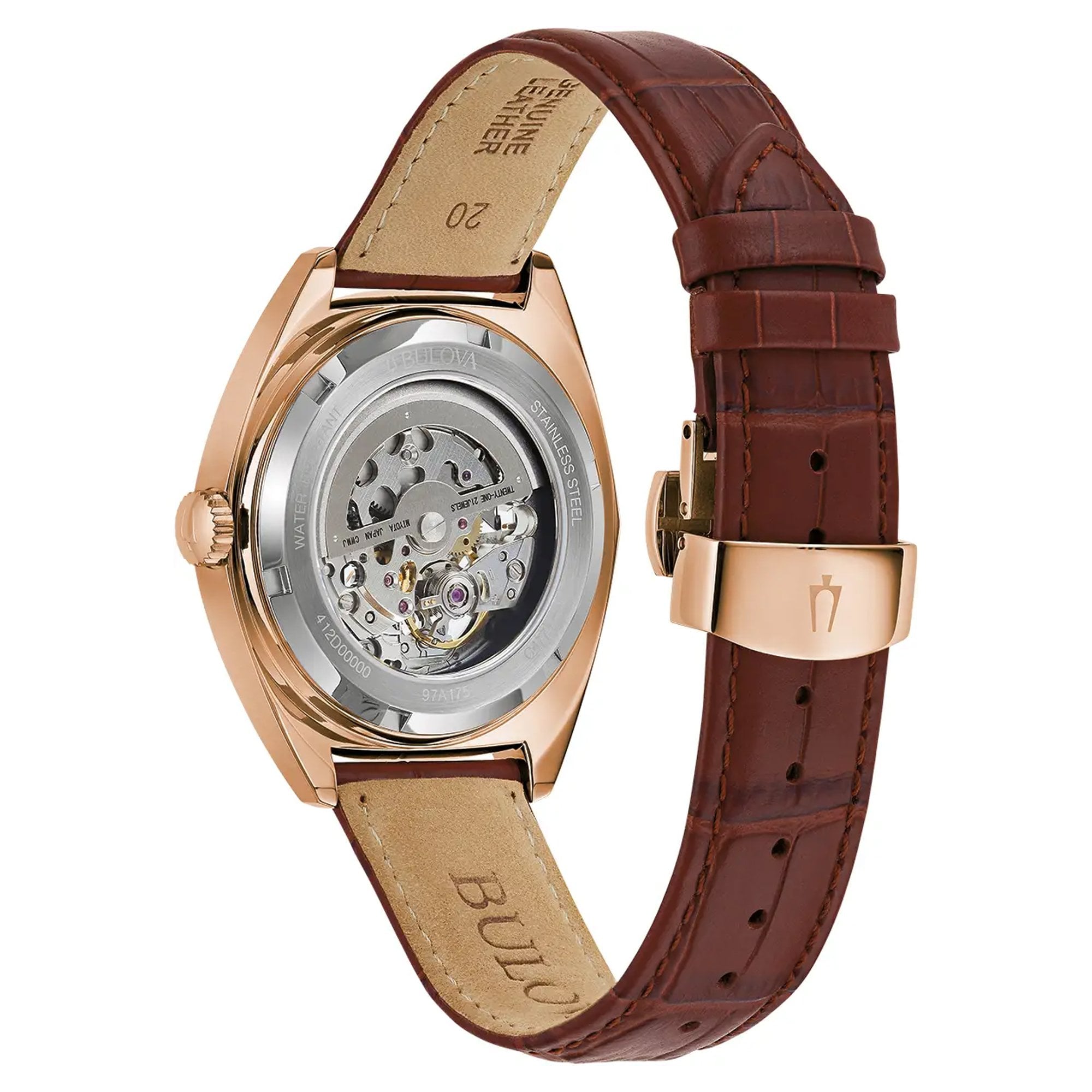 Bulova Gents Sutton Automatic Rose Gold Case Silver Skeleton Dial on Brown Strap