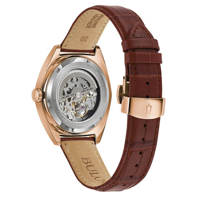 Bulova Gents Sutton Automatic Rose Gold Case Silver Skeleton Dial on Brown Strap