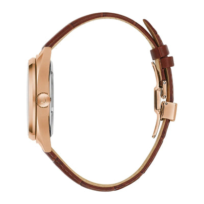 Bulova Gents Sutton Automatic Rose Gold Case Silver Skeleton Dial on Brown Strap