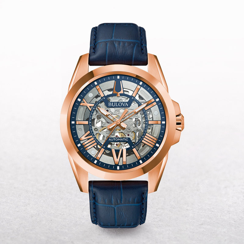 Bulova Gents Sutton Automatic Watch with Blue Dial and Leather Strap