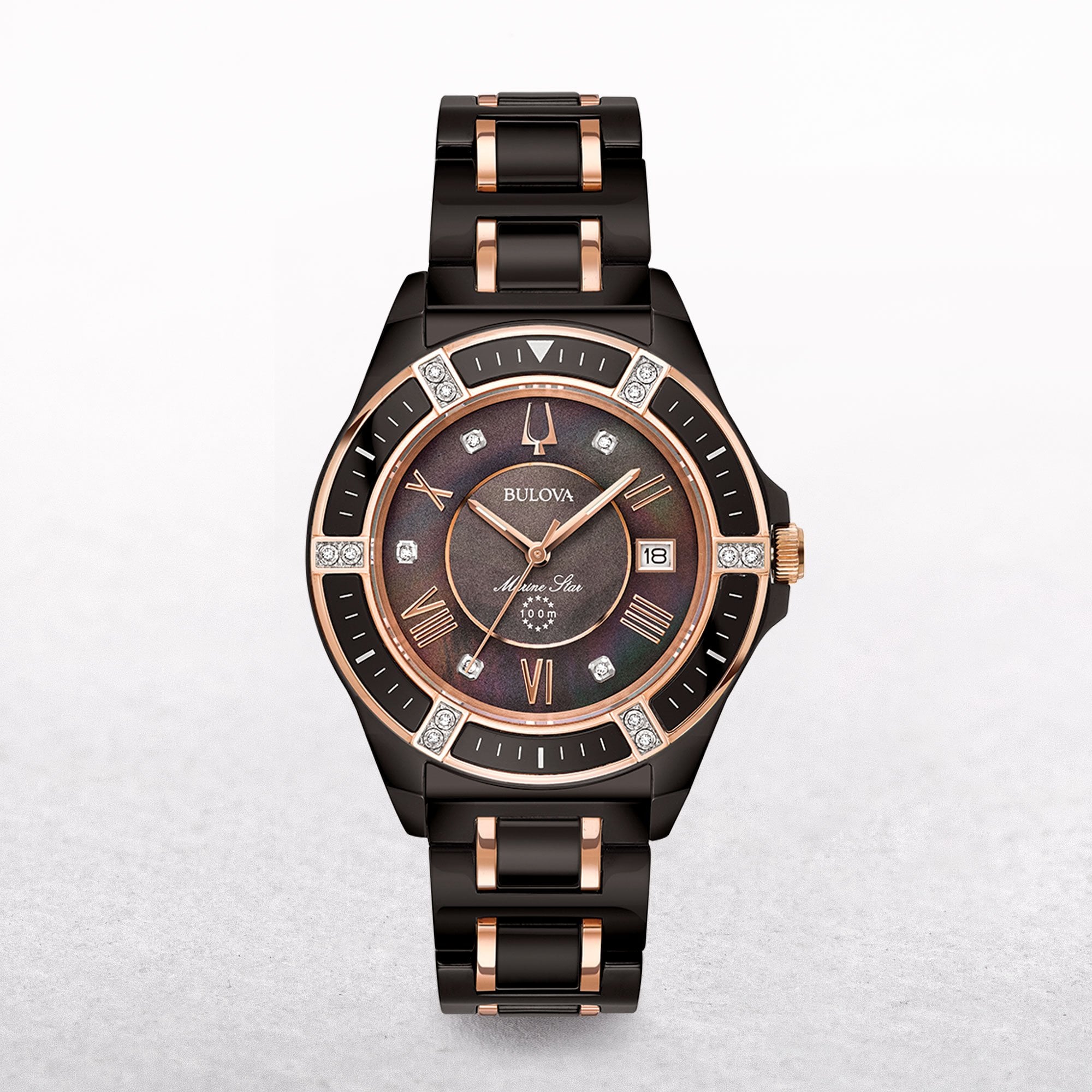 Bulova Ladies 37mm Diamond Marine Star Watch In Black Ceramic